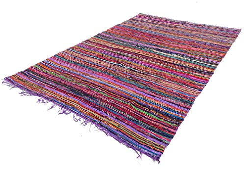 Eyes of India - Tappeto decorativo colorato in tessuto Chindi con nappe, stile bohémien, stile indiano, fatto a mano 4 X 6 ft. (120 X 180 cm) Raissa metallizzate