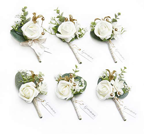 Ling's moment Boutonniere for Men, 6pcs Groom Groomsmen Boutonniere, Artificial Flowers for Wedding Decor/Prom/Homecoming, etc.White Baby Breath Ivory