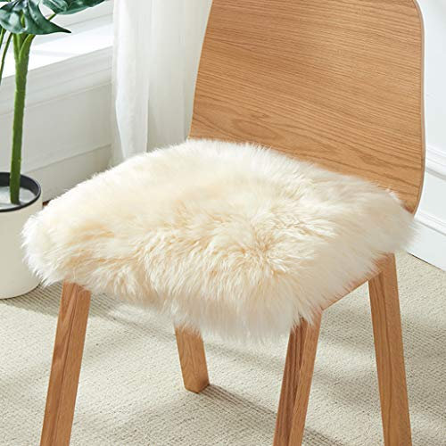 HC&WT Square Natural Sheepskin Seat Cushion rug, Pure Wool Fur Chair Pad Super Soft Shaggy Car Seat Cover Non-Slip Office Desk Chair Thicken Stool Cushion (Cream,40x40cm(16x16inch))