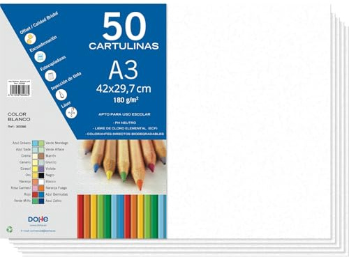 Dohe – Weiße Kartonblätter A3 (50 St.) – Größe 42x29,7 cm, Stärke 180 g/m², Basteln, Drucken und Schulmaterial