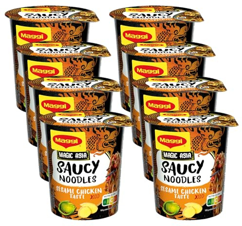 Maggi Saucy Noodles Chicken Sesame cup 75g pack de 8 | Fideos Saucy Noodles en vaso con salsa de pollo y sésamo. Ideales para recetas rápidas, listos en minutos.