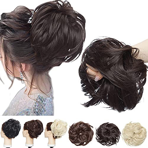 Large Updo Messy Bun Hair Extension Wavy With Elastic Rubber Band 80G Synthetic Thick Chignon Donut Ponytail Hairpiece For Women, Dark Brown