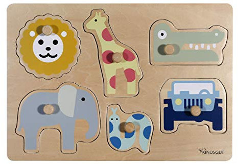 Kindsgut Steckpuzzle aus Holz, Puzzle für Kleinkinder, Spielzeug aus hochwertiger Qualität in schlichtem Design und dezenten Farben für Spielspaß, schönes Geschenk, Safari