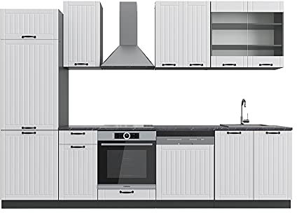 Vicco Küchenzeile Fame-Line, Weiß Landhaus/Anthrazit, 300 cm ohne Arbeitsplatte