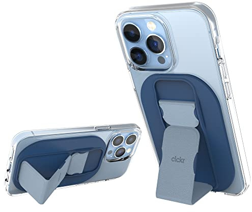 CLCKR Mobile Phone Grip Holder Compatible with MagSafe iPhone 14, iPhone 13 Series, Removable Magnetic Phone Kickstand with Finger Strap, 3500G Strength Magnet for Extra Strong Mount, Blue