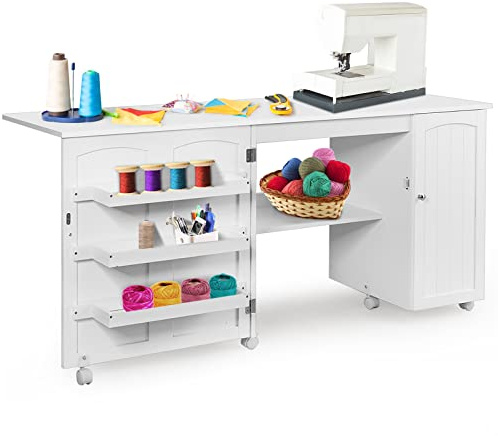 RELAX4LIFE Table de Machine à Coudre Pliable avec 4 Etagères et Armoire Latérale, Armoire à Machine à Coudre avec 6 roulettes et Freins, 158x50x74CM, Blanc/Naturel/Brun(L, Blanc)
