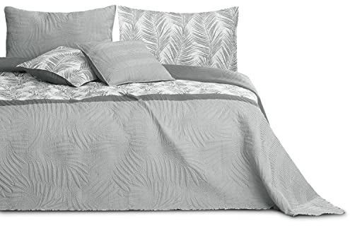 AmeliaHome Tagesdecke Bettüberwurf 260x280 cm zweiseitig pflegeleicht Steppung Pflanzenmuster Grau Weiß Tropical Bonaire