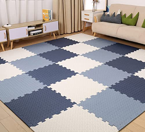 Skrsila Tappeto Puzzle per Bambini 18 Pezzi Tappetino Gioco in Soffice Schiuma Eva Tappetini Puzzle 30x30x1,2 cm, Impermeabile e Antiscivolo Puzzle da Pavimento Bianco + Blu Navy + Azzurro