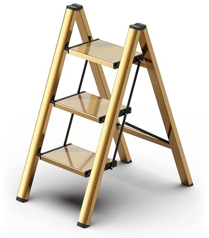 hismocal Foldable 3 Step Stool for Closet/Kitchen-Aluminium Gold Step Ladder Stools, Folding 330lbs Lightweight Ladders with Anti-Slip Wide Pedal, Portable Kids/Adults