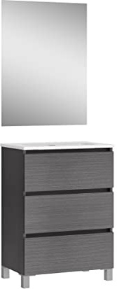 Baikal, Conjunto de baño Natura. Mueble de Baño de Fondo Reducido, con Lavabo cerámico. Distribución Tres Cajones. Mueble MONTADO. Tres Cajones con Espejo. Fondo 39cm 50 cm Ceniza