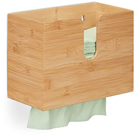 Relaxdays Dispensador Papel Secamanos, para Toallas Tamaño H2, Bambú, 20 x 27 x 13 cm, de Pared, Baño y Cocina, Natural, 20x27x13 cm