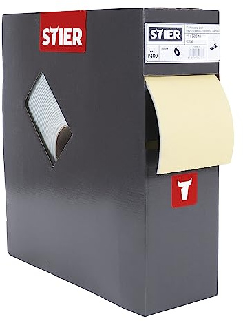 STIER Schleifpapier auf Schaumunterlage P400, 115x92mm Rollenlänge: 25m, für Lack-Reparatur, Profile, Wölbungen, praktische Box mit Abrisshilfe immer griffbereit