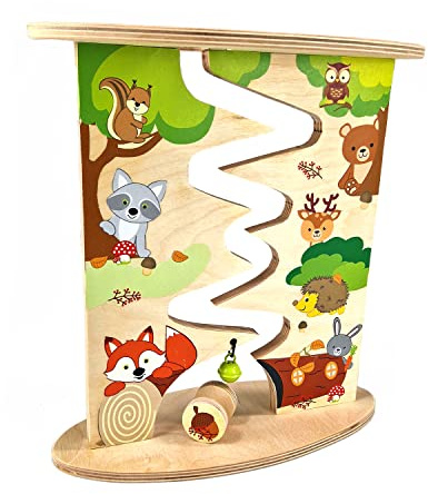 Hess Holzspielzeug 31130 - Rollbahn aus Holz, Motiv Bauernhof und Waldtiere, handgefertigt, zerlegbar, geeignet für Kinder ab 12 Monaten