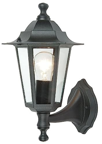 Black & Clear Glass Panel Outdoor Vintage Up Coach Lantern Wall Light | IP44 Rated | 31cm Height | 1 x ES E27 Lamp Required | Garden - Patio - Driveway | UK Approved | Aluminium