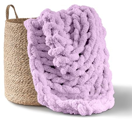 Adyrescia Grobstrick-Decke, Überwurf, 100% handgestrickt mit Jumbo-Chenille-Garn (127 x 152,4 cm, Hellviolett)