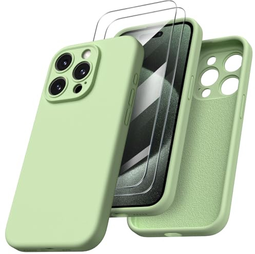 ORNARTO Kompatibel mit iPhone 15 Pro Hülle mit 2 x Displayschutzfolie, Stoßfeste Flüssigsilikon-Abdeckung, Fallschutz Handyhülle für iPhone 15 Pro, Matcha