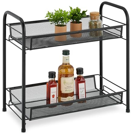 Relaxdays Scaffale Portaspezie a 2 Ripiani, Organizer da Tavolo da Cucina o Mensola Bagno per Make-Up, in Metallo, Nero