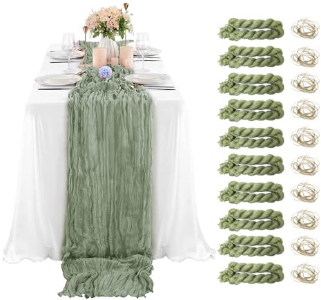 10 Stück Seihtuch-Tischläufer, Tischläufer Salbeigrün Boho, Seihtuch-Tischläufer Salbeigrün, Gaze-Tischläufer Tischdecke Tischdeko, für Hochzeit Vintage, Geburtstag, 90 x 300 cm