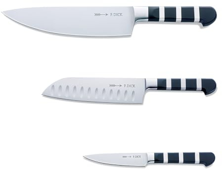 F. DICK 1905 Set (3-Teiliges Messerset, bestehend aus Kochmesser/Santoku/Officemesser, Küchenmesser) 81974300, Silber mit Schwarzem Griff