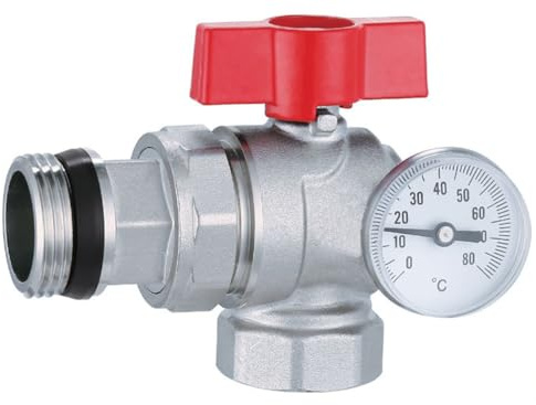 AQUA HEATING Gewinde-Kugelhahn 1 Zoll Winkel mit Thermometer Rot