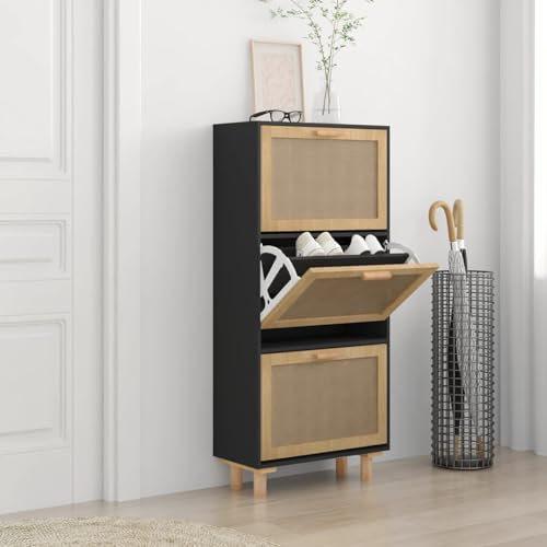 TANZEM Schuhschrank Schwarz 52x25x115 cm Holzwerkstoff & Rattan Natur, Schuhorganizer, Flurgarderobe, Shoe Cabinet, Schuh Schrank, Flurschrank, Schuhkipper, Schuhaufbewahrung