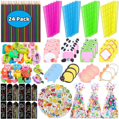 Mepmela Goodie Bags for Birthday Party, 24 Pack Stationery Party Favors with Pencils Rulers Erasers Perfect Classroom Rewards Student Gifts School Class Goody Bag Return Gifts