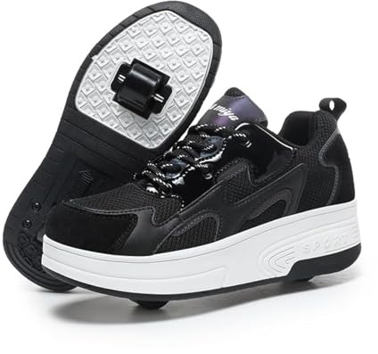 Wooowyet Retractable Roller Skate Shoes Sneakers with Wheels for Girls Kids Boys Wheeled Heel Footwear Zapatillas Zapatos Con Ruedas para Niñas Black Big Kids Size 4