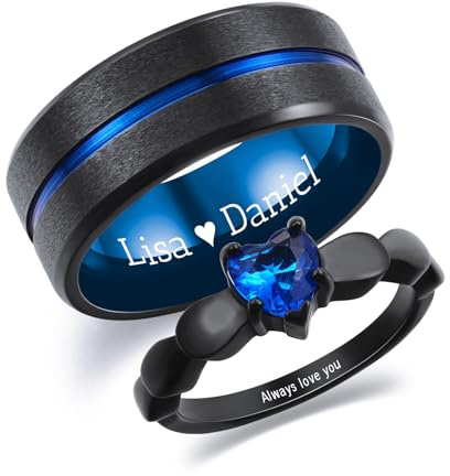 INBLUE Personalisierte Versprechen Ringe für Paare Gravierte Text Ringe mit Herz Edelstein Edelstahl Passende Paar Ringe für Sie und Ihn auf Verlobung Hochzeit