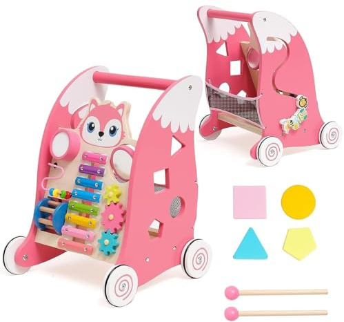 Wooden Baby Walker, Sit-to-Stand Learning Baby Walkers with Xylophone, Gears, Puzzles for Toddlers, Multiple Activity Center, Early Educational Gifts for Babies, Pink