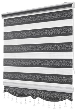 PlisseeOnline Doppelrollo Klemmfix ohne Bohren Schwarz Silber mit Muster und Perlen Duo Rollo für Fenster und Türen Plissee Rollo Gardine 130 x 150 cm Blickdicht Klemmrollo mit Perlen Seitenzugrollo