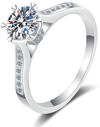 AMDXD 18 Karat Weißgold Trauringe, Klassiker Diamantring mit Labor Diamant 1 Karat (Rundschliff, VVS1), 18K Gold Damen Echt Gold Schmuck, Gr.52 (16.6)