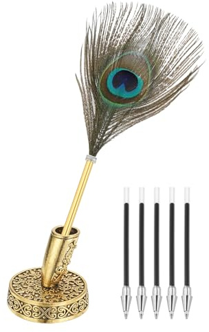 PATIKIL Påfågelfjäder kulspetspennor bulk, metallhållare svart bläck vintage quill skrivpennor med 5 delar påfyllning för kontor, bröllopssignatur, guld