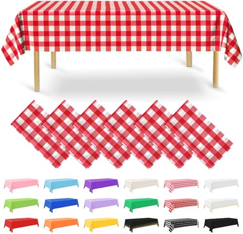 NACHLYNN Confezione da 6 tovaglie in plastica usa e getta, 137 x 274 cm, a quadretti rossi, rettangolari, per feste, fidanzamenti, matrimoni, battesimi, compleanni, decorazioni