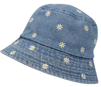 JIHUOO Jeans-Hut mit Blumenmuster, Fischerhut, Gänseblümchen, Strand, Sonnenhut, ästhetischer Reisehut, Sommer, Urlaub, Hut für Männer, Frauen, Teenager