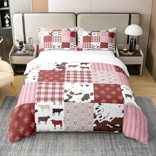 Homemissing Juego de ropa de cama de vaca para niños, diseño de vaca lechera, 100 % algodón, decoración de dormitorio, color rojo y blanco, colección de ropa de cama de animales, 3 piezas, tamaño King