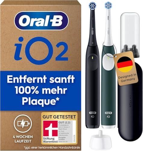 Oral-B Brosse A Dents Electrique iO 2, Pack Duo, Maches Noir Nuit Et Vert, 3 Modes De Brossage Silencieux Dont Douceur, Capteur De Pression, 2 Brossettes Oral B De Rechange, Etui De Voyage