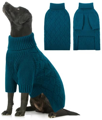 AOFITEE Hundepullover Große Hunde, Warm Strickpullover mit Geschirr öffnung | Winter Rollkragen Hunde Pullover Grosse mit Beinen, Weich Weihnachten Hundepulli Pullover für Norweger, Labrador, Blau XL