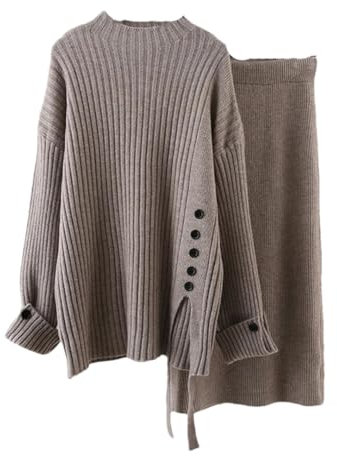 Damen Knöpfe, geteilte Pullover, Hüfte, Paket, Röcke, Pullover, Outfits, warme Röcke, Strickset, coffee, Einheitsgröße