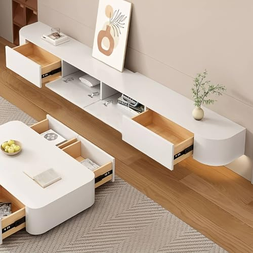 BIGYOUZI Schwebender TV-Schrank aus massivem Holz,Wand TV Schranks mit lockers Weiß 200 * 30 * 20CM Mit LED-Licht