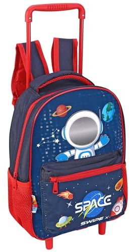 Hartom Kids Space Explorer Trolley Backpack, Navy Blue and Red Wheeled School Bag with Astronaut and Rocket Ship Design, Rolling Suitcase and Rucksack for Boys, Lightweight Travel Luggage