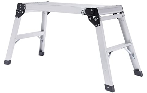 Plateforme de travail en aluminium, escabeau pliable avec plate-forme en aluminium, charge jusqu'à 150 kg, échelle plate-forme avec tapis antidérapant et serrures de sécurité, 108 x 41 x 50 cm