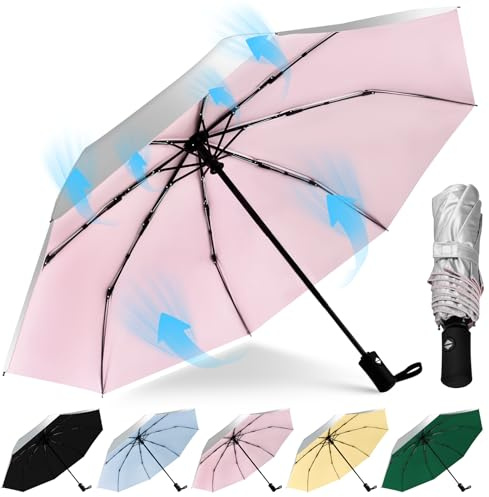 HEXSOLID UPF 50+ Sun Umbrella UV Protection UV Umbrella Parasol UmbrellasTravel Compact for Rain Sun Waterproof And Wind Resistant Sun Blocking Umbrellas Auto Open Close(42inch,Silver/Pink)