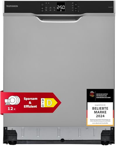 Telefunken Geschirrspüler Unterbau 60 cm, Spülmaschine Silber, 12 Maßgedecke, 6 Programme, AquaStop, Startzeitvorwahl, leise 45 dB, Speed-Wash, Eco, höhenverstellbar, Besteckkorb, GEU6012DI