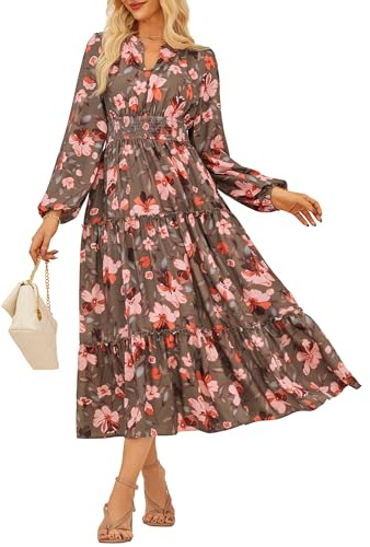 GRACE KARIN Women Dress Maxi Long Sleeve A Linie Elegant Floral Dress Wedding Guest Khaki Pink Orange Flower L