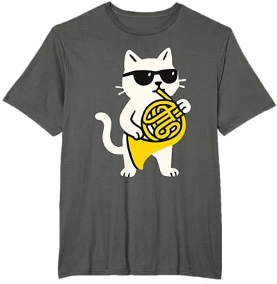 Cute Cat Sunglasses Playing French Horn Musician Music T-Shirt