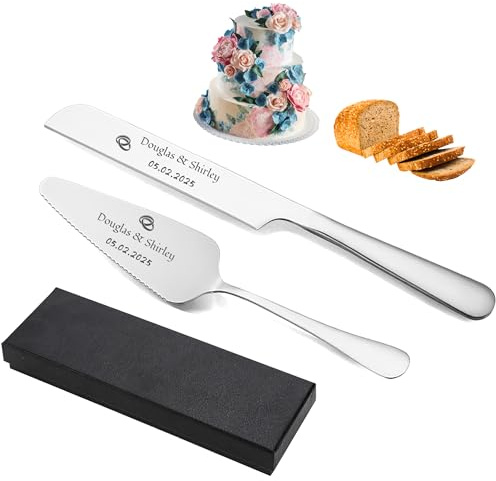 SosnSusn Kundenspezifisches Kuchenmesser und Serverset mit personalisierter Gravur Elegante Edelstahl Kuchenschneidwerkzeuge für Hochzeitstag Geburtstag Hinzufügen Sie Ihr Symbol & Text