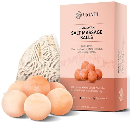 UMAID Himalayan Salt Massage Balls 6-Pack – Natural Himalayan Salt Massage Stones with Cotton Mesh Bag for Hot & Cold Muscle Relief, Spa Massage Therapy, Relaxation & Wellness Gifts for Men & Women
