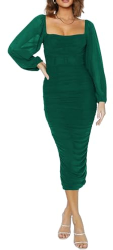 HUXRAKV HUXRKV Vestito Donna Elegante Maniche Lunghe Abiti da Cerimonia con Scollo Quadrato Cocktail Party Feste Ballo Festa Autunno e Inverno, WD46-Verde,M