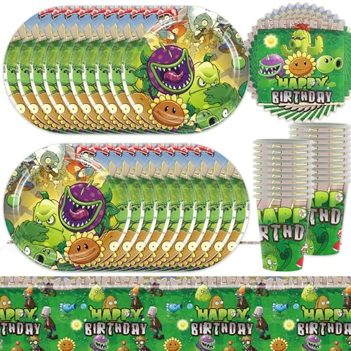 61Pcs Plant Birthday Tableware Set, Zombie Party Decoration Supplies, Kinder Party Decoration Supplies, Zombie Tableware Includes Plates, Tissue Plates, Paper Cups, Tablecloths (20 Guests)
