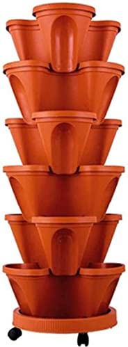 Huangguiyuan - Vaso da fiori a torre impilabile a 6 ripiani con contenitore arrotolabile, supporto verticale da giardino per erbe, verdure e frutta, fioriera salvaspazio marrone